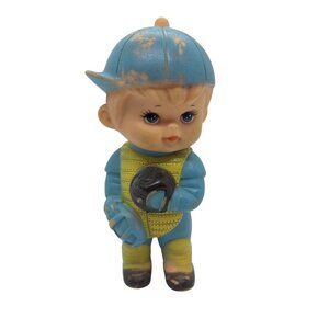 Vintage Kiddie Products Inc. Baseball Player Rubber Squeak Toy 1950s Blue/Yellow